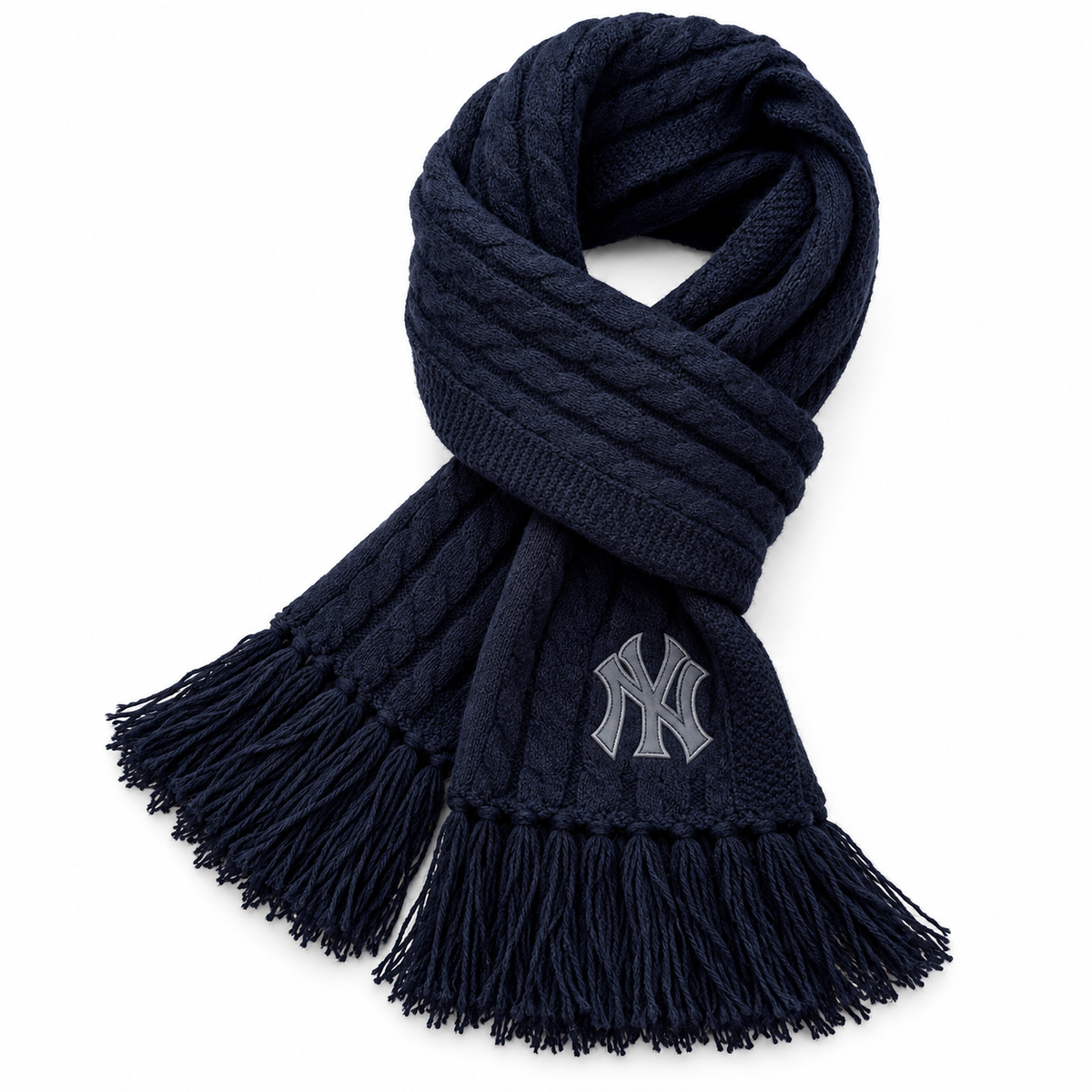 New York Yankees Style Cable-Knit Fringe Scarf