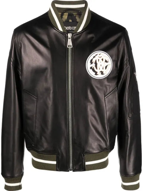 Roberto Cavalli leather monogram-patch bomber jacket