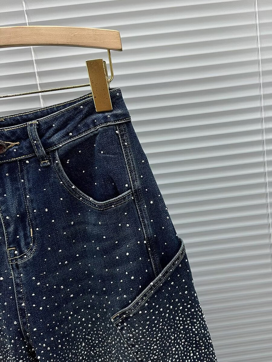 Rhinestone Studded Baggy Banana Curved Jeans Vintage Washed Streetwear