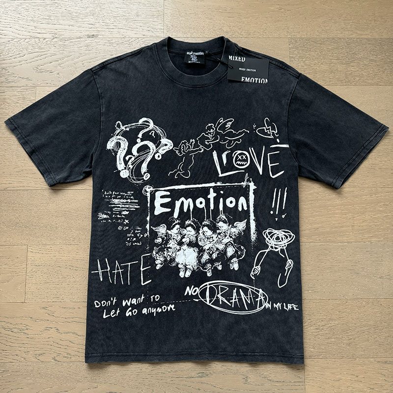 MIXED EMOTION Washed Black Graffiti Graphic T-Shirt