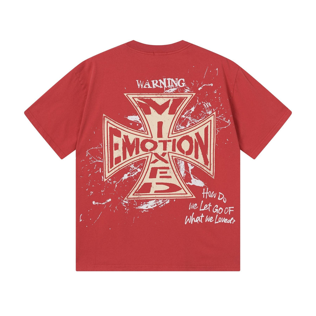 MIXED EMOTION Washed Red Front & Back Graphic T-Shirt