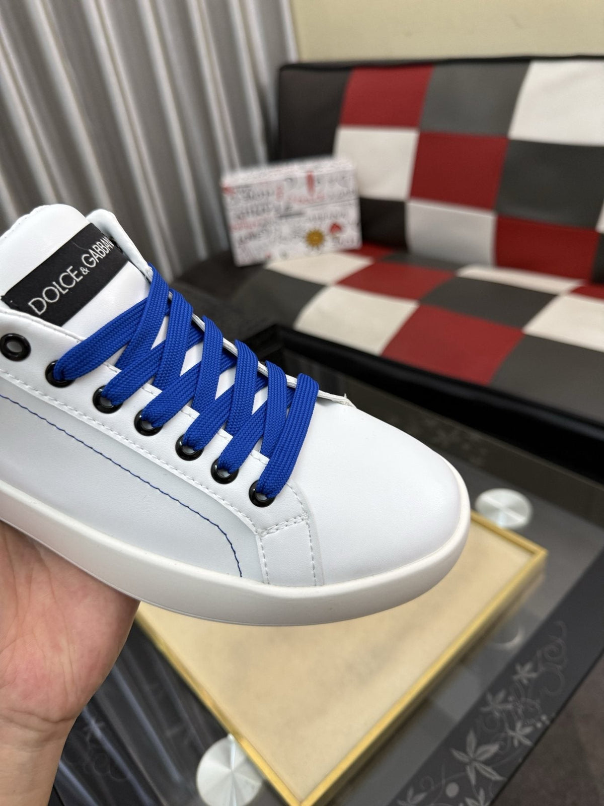 Dolce & Gabbana White Low-Top Sneakers with Blue Laces