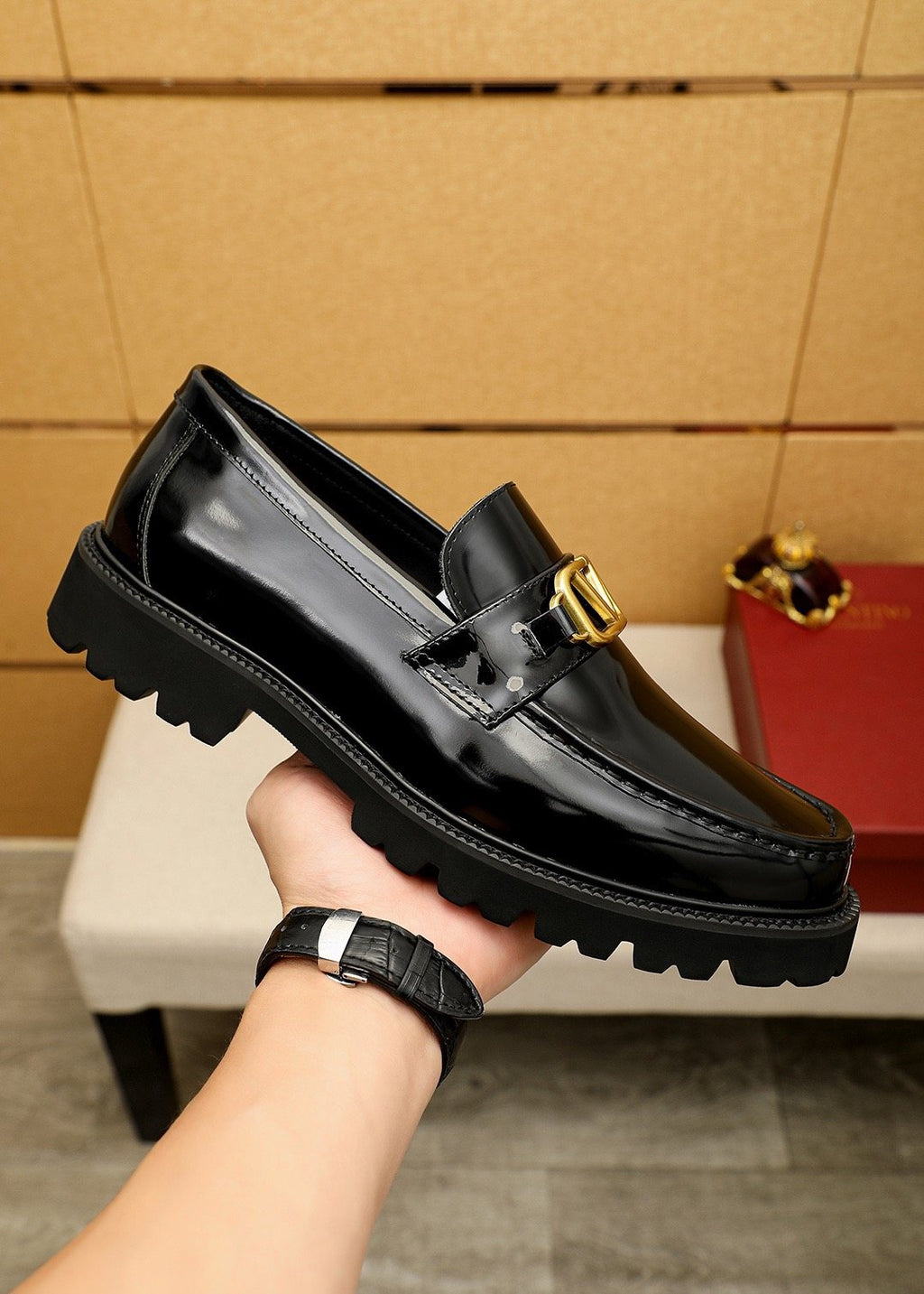 Valentino Black Buckle Lug Sole Loafers