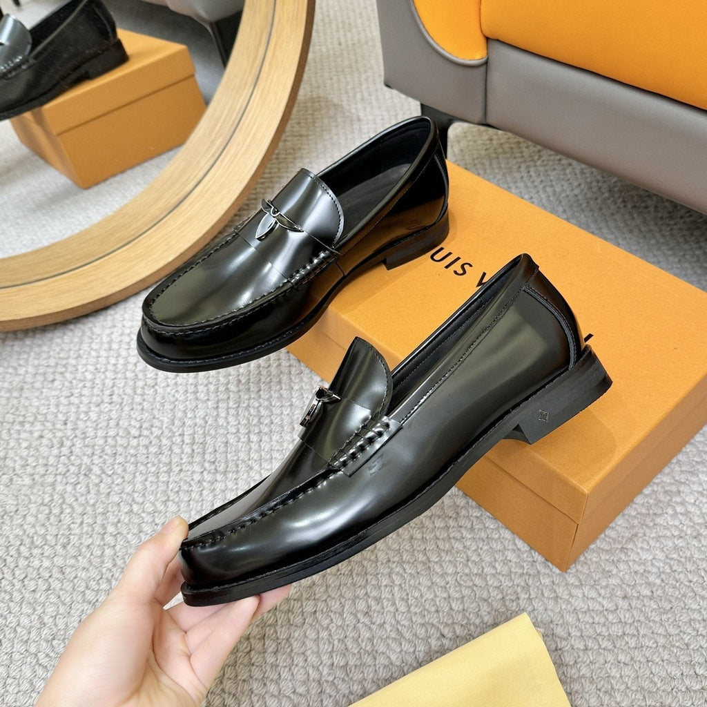 Louis Vuitton Men's Black Leather Loafers - Slip-On Design