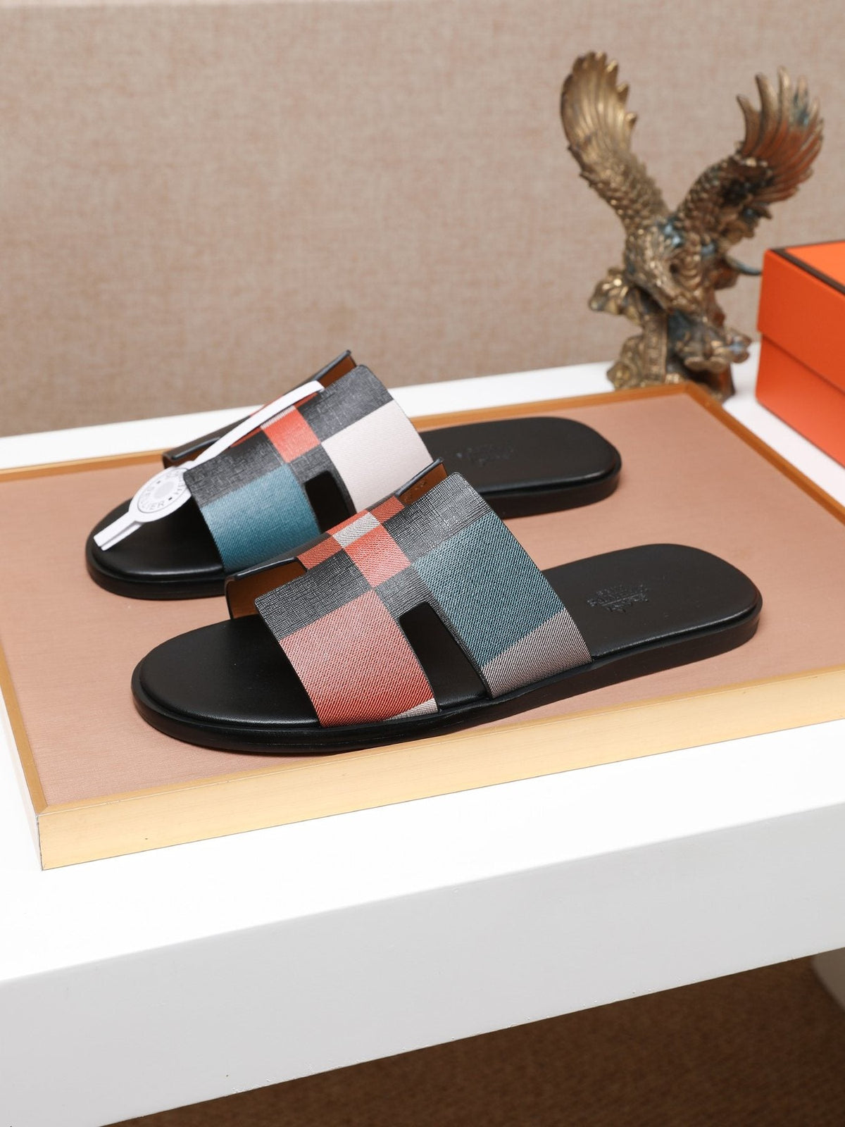 Hermès Plaid H-Strap Slide Sandals