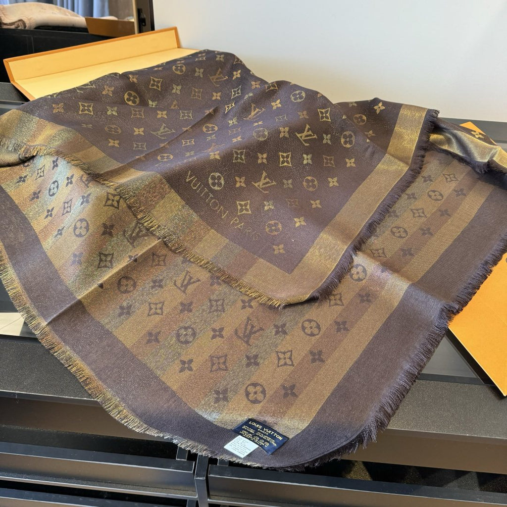 Louis Vuitton Charcoal Gold Monogram Fringed Shawl