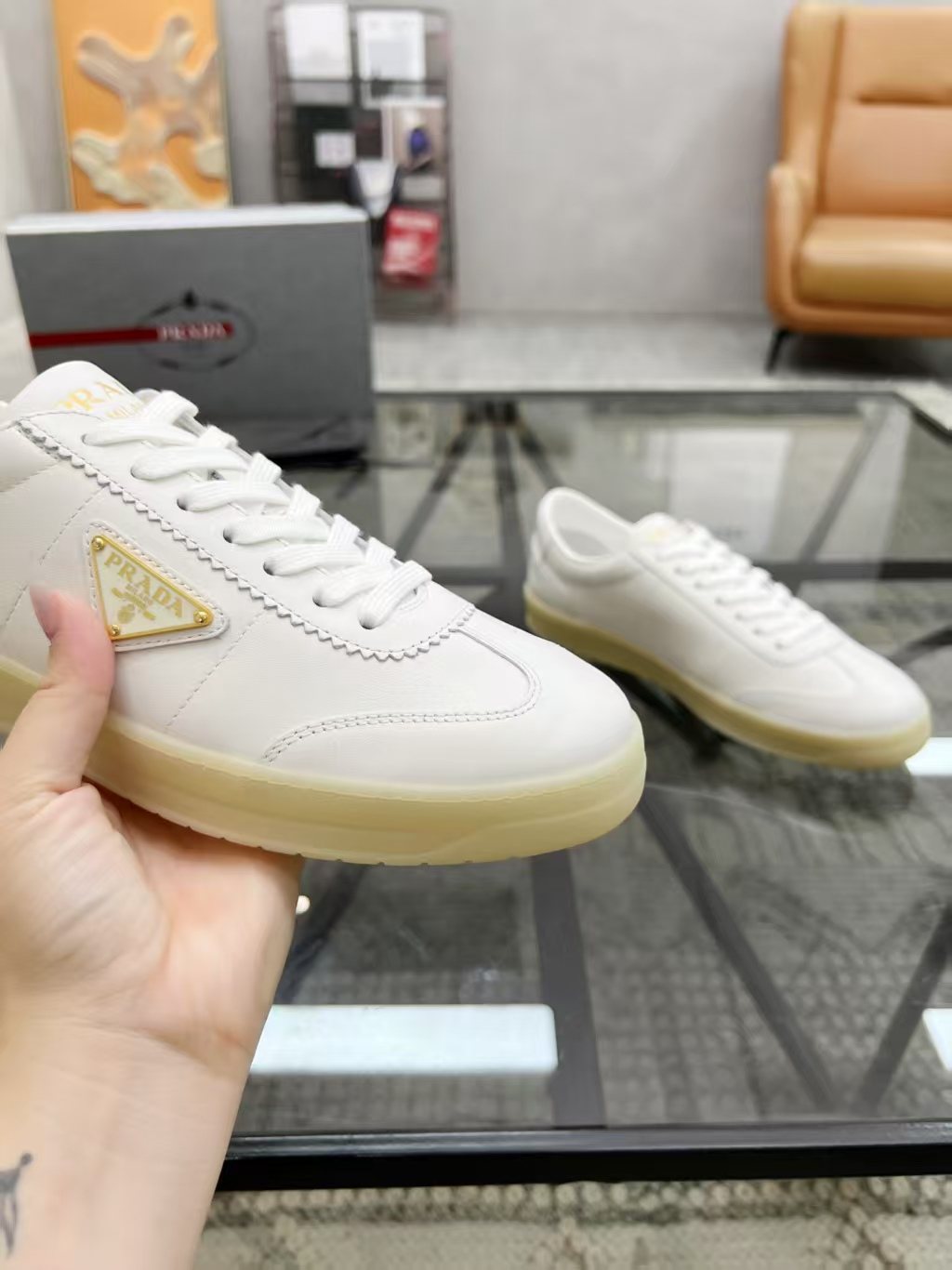Prada Men's Low-Top Leather Sneakers - Cream Rubber Sole