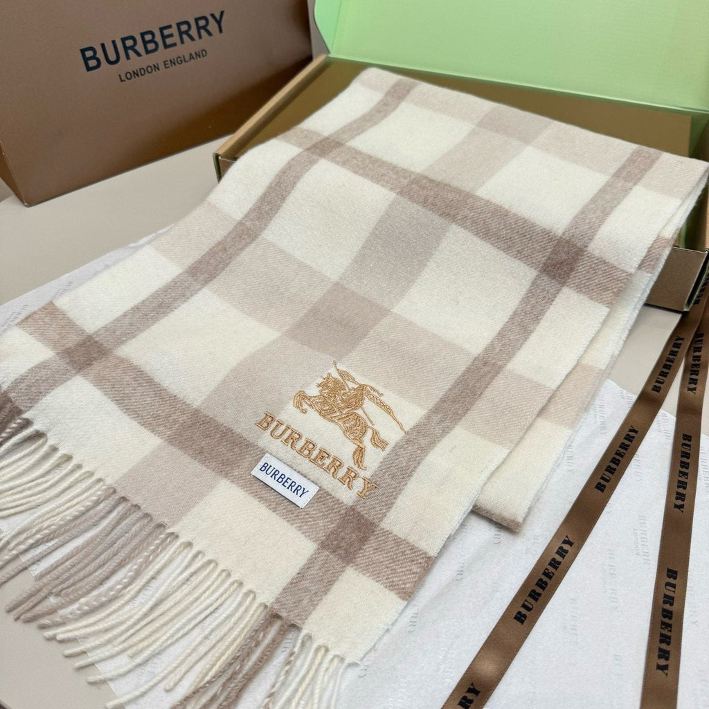 Burberry Cream Taupe Check Fringed Scarf